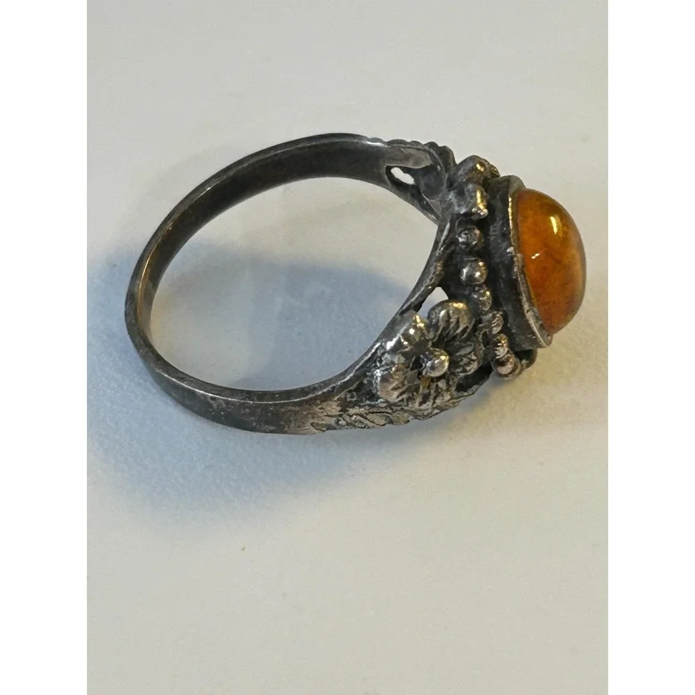 Vintage Sterling Silver Genuine Amber Stone Ring Two Tone Size 6 1/2